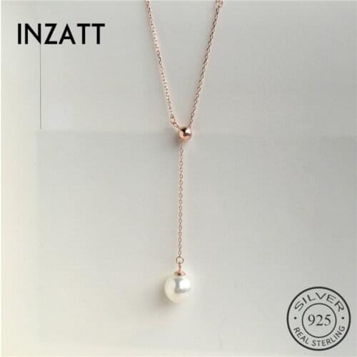 INZATT Fashion 925 Sterling Silver Round Pearl Pendant Necklace for Women Sweater ChainTassel Jewelry Rose gold Gift Birthday