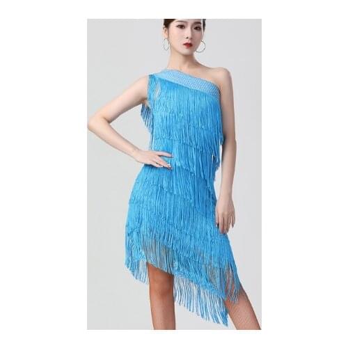 Women Dress Charleston Party Costumes Sexy One Shoulder Tiered Fringe Dress Latin Salsa Rumba Dance Dress