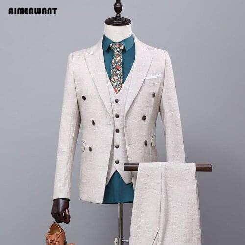 AIMENWANT Custom Made Grey Herringbone Men Suits Double Breasted Wedding Blazer Gentleman Tailored Suit (Jacket+Pants+Vest)