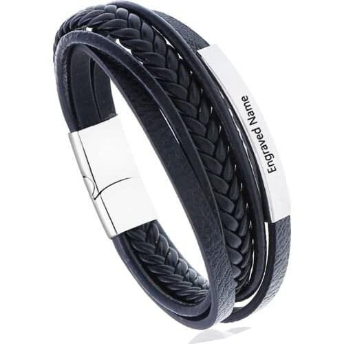 Customizable Engraving Multi Layer Design Stainless Steel Fashion Black Mens Leather Bracelet Classic Gift For Men