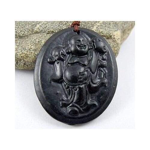 Black Green Chalcedony Happy Buddha Tibetan Buddhism Amulet Pendant NO. 015