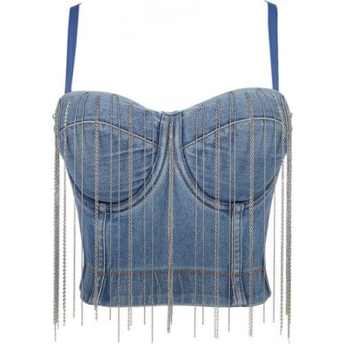 Denim Jeans Scratched Womens Button Diamonds Ripped Push Up Bustier Night Club Party Crop Top