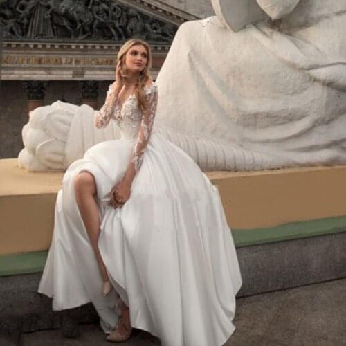 Elegant Wedding Dresses Generous Long Sleeves Scoop A-Line Satin Bridal Gowns Vintage White Ivory Custom Made Luxury Bridal Gown