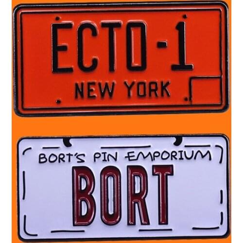 ECTO-1 New York Number Plate Enamel Pins Funny Car licence Metal Cartoon Brooch Hat Bag Collar Lapel Badges Fashion Jewelry Gift