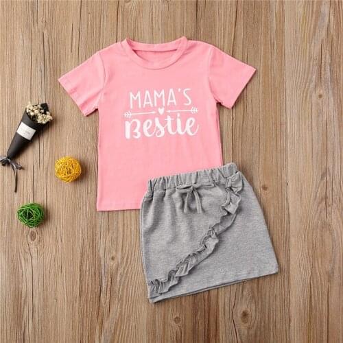 1-6Y Toddlers Girls Set Letter Print Summer Round Collar Short Sleeve T-shirt Top with Solid Color Short Skirt Girls Clothes Set