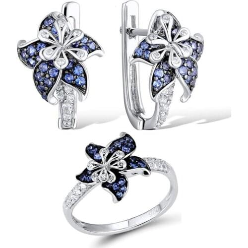 MOONROCY CZ Earrings and Rings Jewelry Set Silver Color Trendy Blue Flower Crystal Flower for Women Dropshipping Wholesale