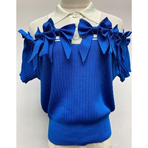 Fashion Design Perforated Hollow Mesh 3D Bow Pl Lapel Short-Sleeved Knitwear Female T-Shirt Blue Top Women Summer New Clothes