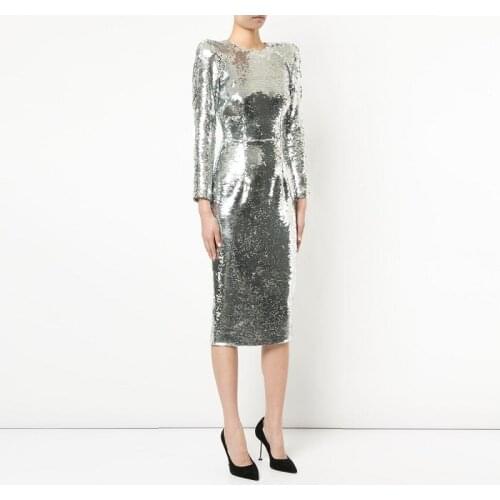 Latest Fashion Trendy Chic shiny Silver Long Sleeve Women Party Sequin Midi Dress Celebrity Cocktail ladies Wholesale Oline