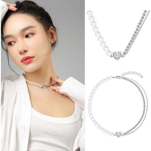 Net red same short necklace mens and womens Pearl zircon chain splicing clavicle chain simple neck chain necklace