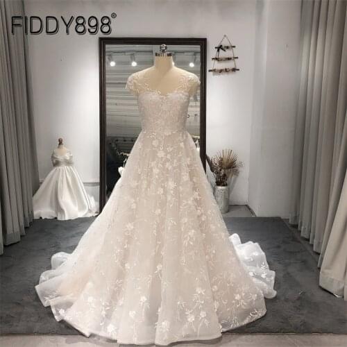 FIDDY898 New Pretty Wedding Dress Beach Boat Neck Flower Bride Gown for Women Lace Cap Sleeve Bridal Dresses Vestidos De Novia