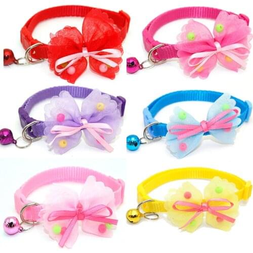 Cute Lace Necklace Bow Tie with Bells Chihuahua Kitten Collars Candy Color Gift Bowknot Pets Cats Collars Adjustable Puppy Cat