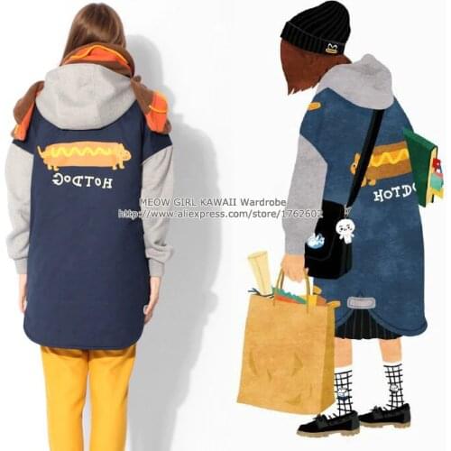Vintage Hotdog Hamburger Funny Womens Winter Long Coat Loose Warm Thick Hooded Jacket Cotton Lining Deep Blue & Grey Patchwork