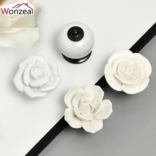 Wonzeal 1PCS Ceramic Flower Knobs White Roses Furniture Handles Door Cabinets Drawer Cupboards Closet Pulls With Screws
