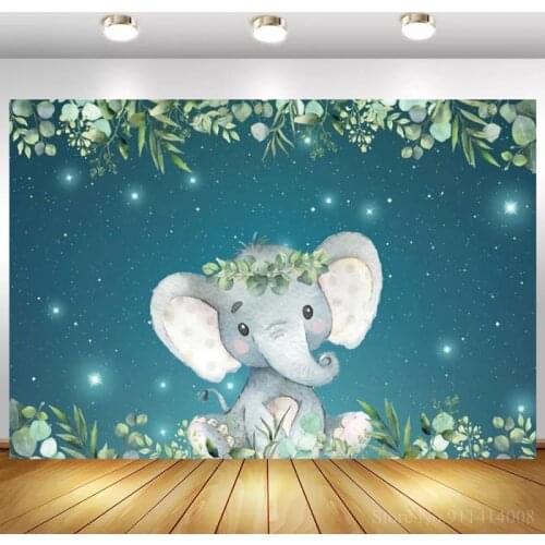 Green Leaves Night Sky Cartoon Elephant Photography Background Newborn Baby Shower Kids 1st Birthday Party Poster Backdrops