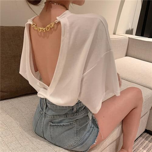 2020 new fashion temperament hollow sexy big open back loose short sleeve chain T-shirt