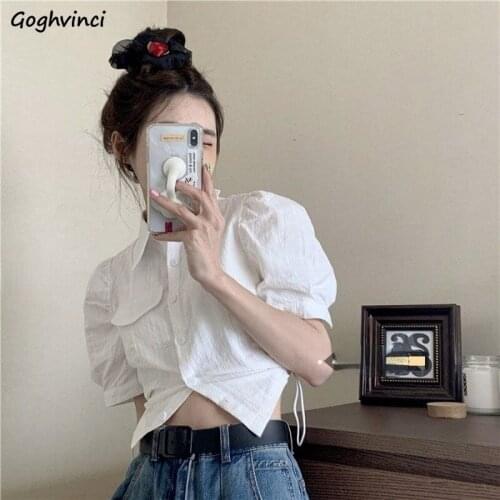 Shirts Women Summer Cropped Turn Down Collar Fashion Solid White Simple All-match Single Breasted Girls Cute Comfortable Tops