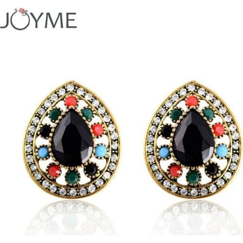 Joyme Clip Earrings For Women Fashion Boho Vintage Gold Black Crystal Stones Resin Earrings Turkish Jewelry Brincos gift