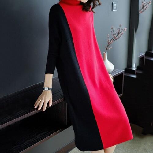 Elastic Turtleneck Sweater Dress Women Long Pullover Fashion Autumn Knitted Sweater Dress Casual Winter Patchwork Warm clothing