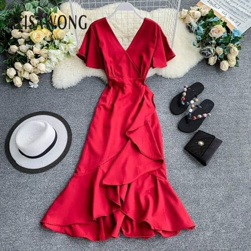 New Women Bodycon Dress Vestidos Mujer 2020 Summer Short Sleeved Sexy V-neck Ruffles Dresses Elegant Female Red Beach Long Robe