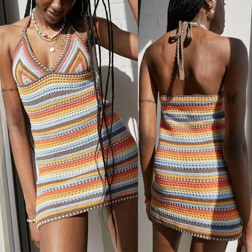 Womens Halter Bodycon Mini Dress Sleeveless Backless Color Block Crochet Short Dress