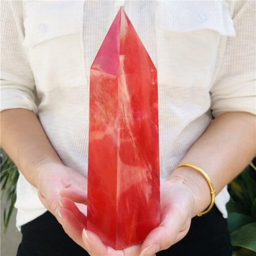 20cm Red Smelting Quartz Crystal Point Healing Obelisk Hexagonal Wand Reiki Gift for Friends Families Promotes natural healt