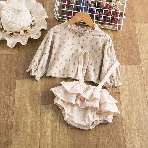 Princess New Baby Girls 2Pcs Fall Outfits Long Sleeve Floral Print Tops+Suspender Ruffle Shorts Set Infant Baby Party Clothes