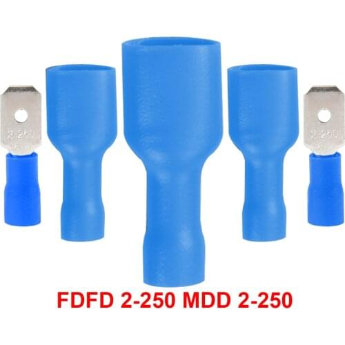 100pcs 50pairs 6.3mm 16-14AWG Female Male Electrical Wiring Connector Insulated Crimp Terminal Spade Blue FDFD 2-250 MDD 2-250