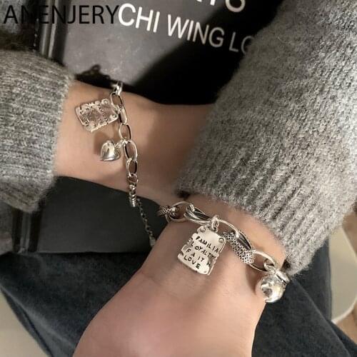 ANENJERY 925 Sterling Silver Letter Square Heart Pendant Bracelet for Women Simple Retro Bracelet Jewelry Gifts S-B514