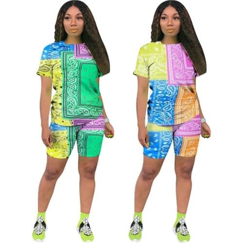 ZKYZWX Bandana Two Piece Vacation Outfits T Shirt Top Fitness Shorts Summer Clothing for Women Sporty Loungewear Matching Sets