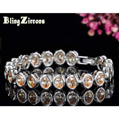 BeaQueen Trendy Big Oval Round Champagne Cubic Zirconia Crystal Women Bracelets Silver Color Wedding Jewelry for Gift B017