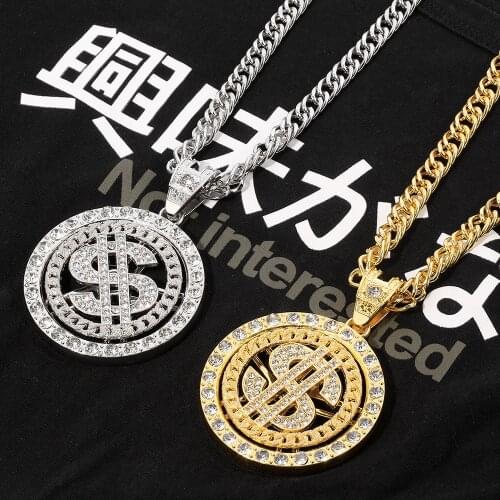 Iced Out Bling Dollar Turnable Hip-hop Necklace Heavy Pendant Rock Pub Chain For Man Collar Charm Rapper Gift Street Style Chain