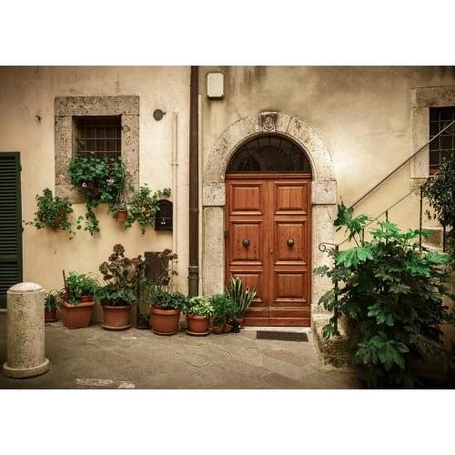 Arch Wooden Door Potted Plant Photo Background Vinyl Cloth Backdrops for Children Baby Portrait Photophone Photography Props