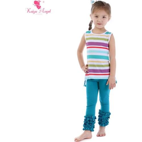Kaiya Angel Kids Casual Sport Suits Baby Girl Thick Uneven Color Stripes Shirt Blue Cotton Pants Summer Children Clothing