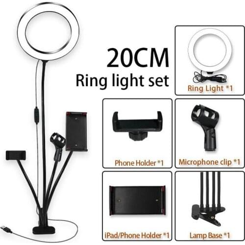4 in 1 Large size 20CM Selfie Led Ring Light Clip-on Stand w/Phone Pad Mic Holder Youtube Vedio Live Stream Makeup Studio Lamp