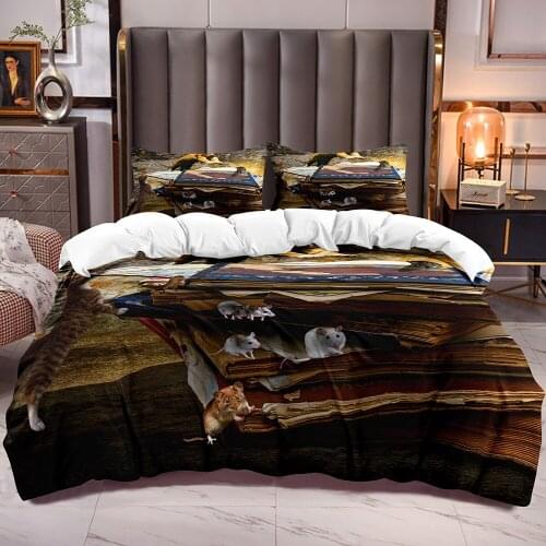 Comforter Cover Bedding Sets with Cats Mouse and Books Print Teens Kids Duvet Cover Zipper Closure White Reverse