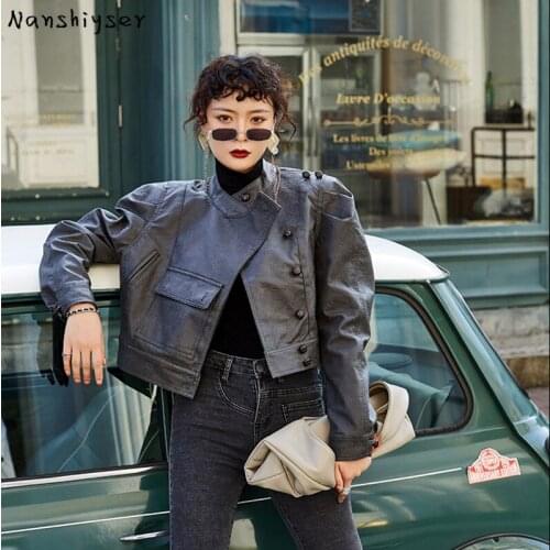 Short High waist Vintage Khaki Faux PU Leather Biker Jacket Women New Autumn Streetwear Stand-up collar Womens leather jacket