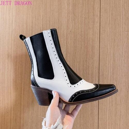 Leather Cowboy Boots Women Pointed Toe Ankle Boots Thick Square Heels Mixed Colors Western Cowgirl Boots Cossacks Bottes Femme