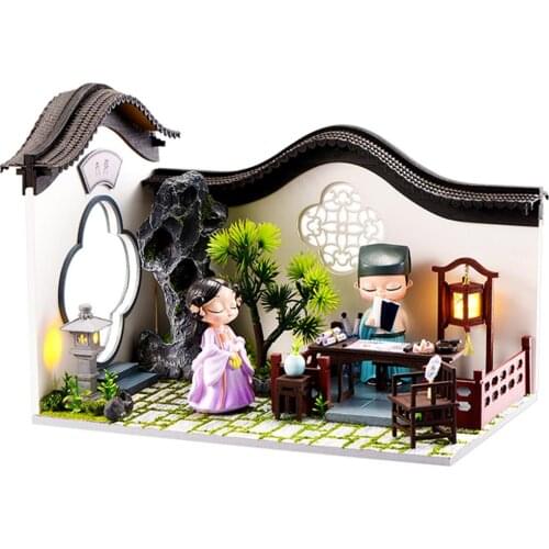 Doll House Furniture Wooden Miniature DIY Kit with Dust Cover Two Dolls Assemble Crafts Toy Best Birthday Gift For Children Girl