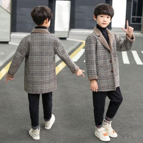 Childrens Wool Coat for Boy for Autumn & Spring 2021 New Casual Turn Collar Plaid Pus Velvet Mens Teenager Jacket Outerwear