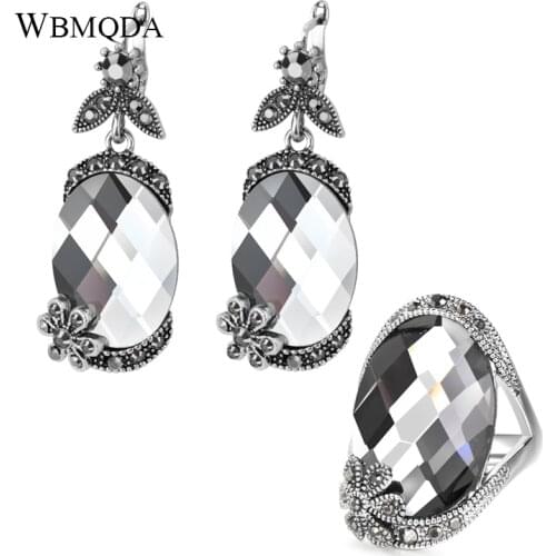 Wbmqda Hot Vintage Flower Drop Earrings Ring For Women Tibetan Silver Gray Crystal Earrings For Women Vintage Jewelry Set