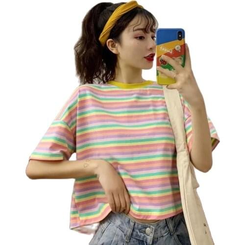 Fashion Design Sense Striped Short-Sleeved T shirt Women 2021 New Korean Version Of Loose Short Top Clothes All-Match T Shirt