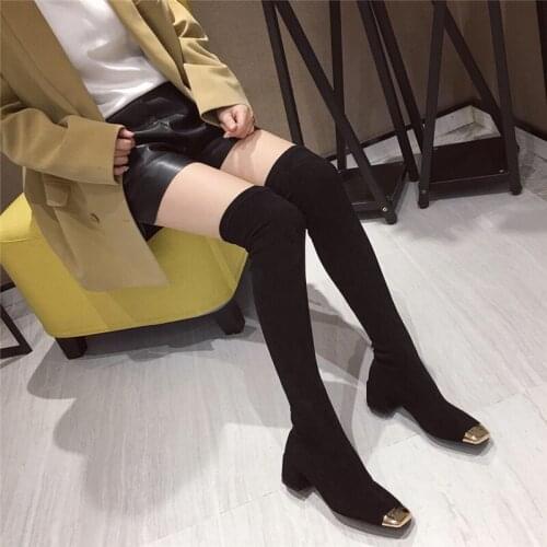 Fashion Women Over The Knee Sock Boots 2020 Thick High Heels Stretch Fabric Long Boots Sqaure Toe Elasitc Slim