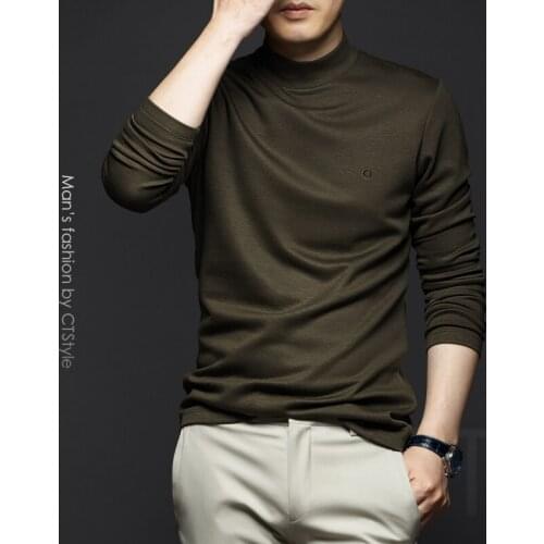 Autumn and winter mens mid-half high neck long-sleeved T-shirt plus velvet bottoming shirt with pure color autumn clothing tren