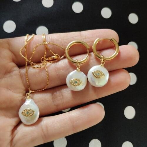 Freshwater pearl bead white cz pave tiny gold blue evil eye protection charm hoop earring gold choker necklace jewelry set woman