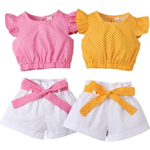 New Baby Girls Summer Fashion Clothes Sets Polka Dots Print O-Neck Short Sleeve Tops+ Shorts+ Waistband Set