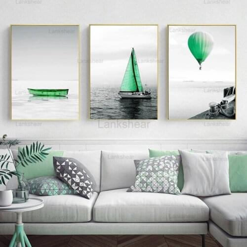 Sailing Boat Ocean Waves Nordic Picture Hot Air Balloon Scandinavian Poster Sandy Beach Print Wall Art Canvas Painting Decor