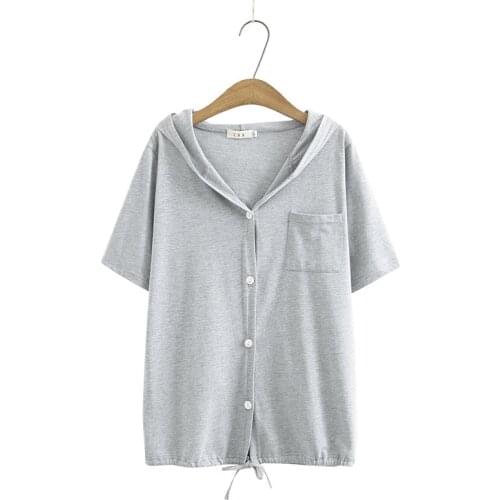 Plus Size Womens Hooded Summer Tshirts Casual Button Up Tops Oversized Slim Shirts