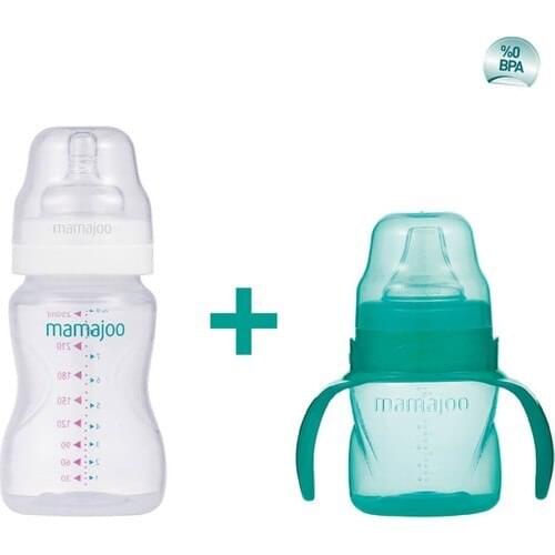 Mamajoo Handle Educational Cup 160ML & Silver Baby Bottle 250ML/GREEN