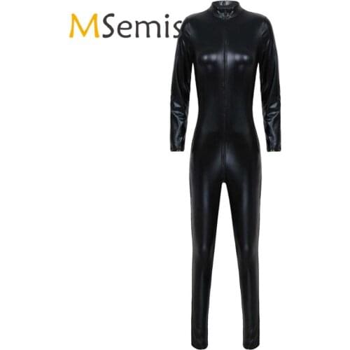 Sexy Womens Lingerie Latex Crotch Zipper Bodysuit Erotic Catsuit Clubwear Metallic Patent Leather Stand Collar Slim Fit Jumpsuit