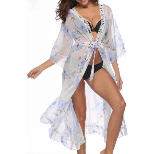 Floral Chiffon Beach Dress Sunscreen Beachwear Bikini Cover Up Ruffle Saida De Praia Beach Capes Swimming Suit Women Swimsuit